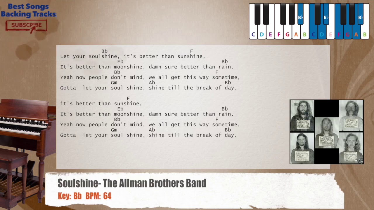 🎹 Soulshine - The Allman Brothers Band Piano Backing Track with chords and lyrics