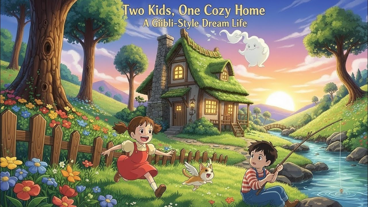 “Two Kids, with puppy One Cozy Home | A Ghibli-Style Dream Life” 8k in village