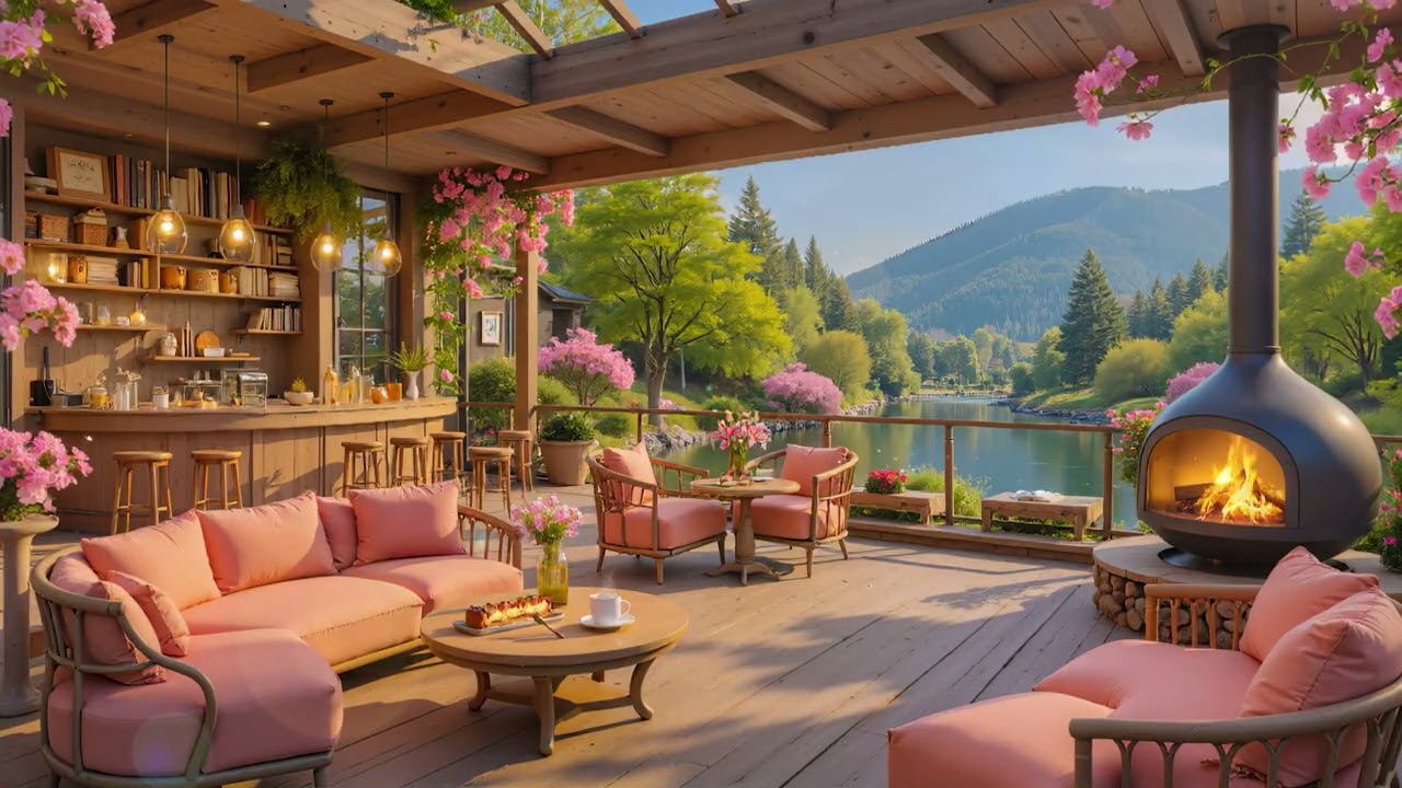 Gentle February Spring Jazz 🌸 Cozy Outdoor Coffee Shop Ambience & Nature Sounds for Great Mood, Work