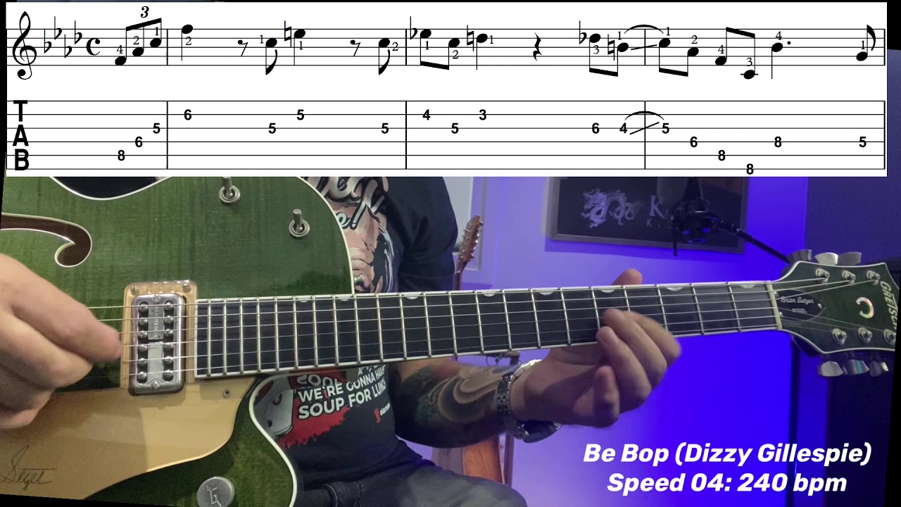Bebop (Dizzy Gillespie) - Guitar Lesson Tab Slow to Fast Tutorial Real Jazz Be Bop Backing Track