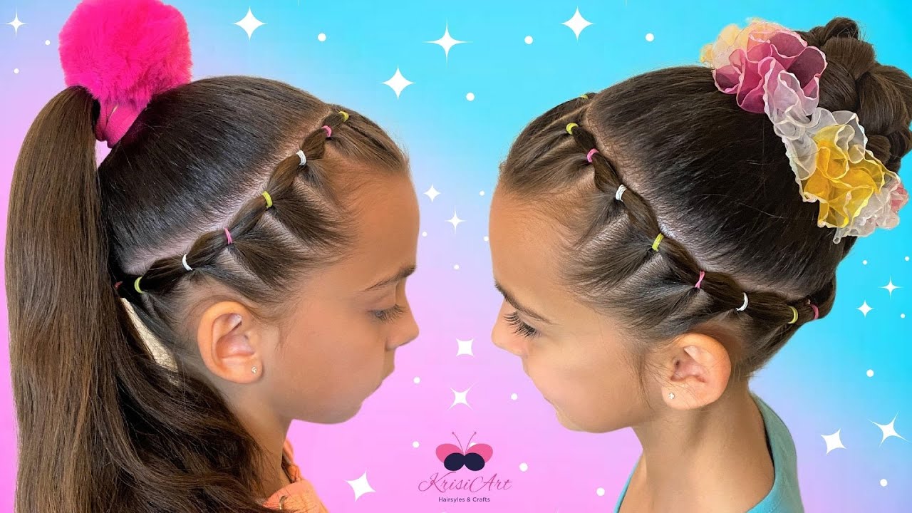 PEINADO DIADEMA CON LIGAS 🌈 2 PEINADOS PARA NIÑA CON MOÑO O COLETA ALTA ✨
