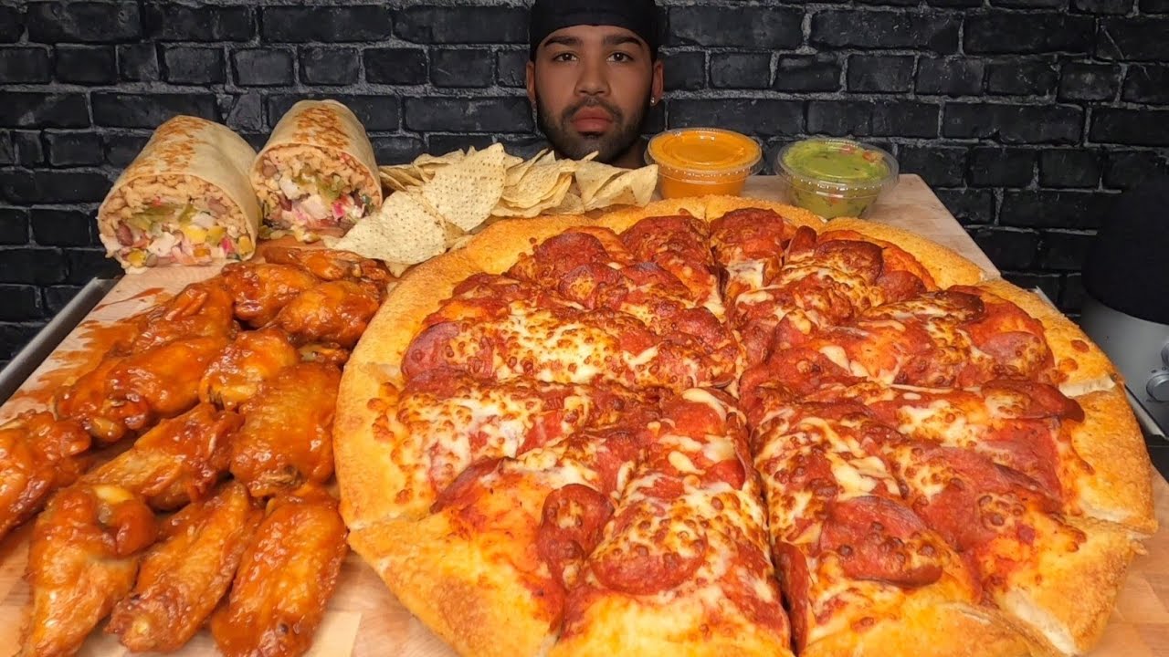 (ASMR) PEPPERONI & CHEESE PIZZA, BBQ WINGS,  AND BURRITO MUKBANG