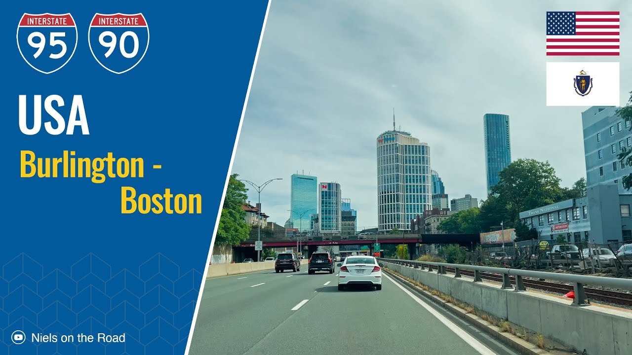 Driving in Massachusetts, USA: Interstate I-95 & I-90 Mass Pike from Burlington to Boston