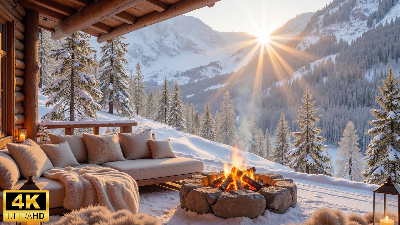 Cozy Winter Morning by the Mountain ❄ Soft Piano Music & Crackling Fireplace for Sleep and Relax