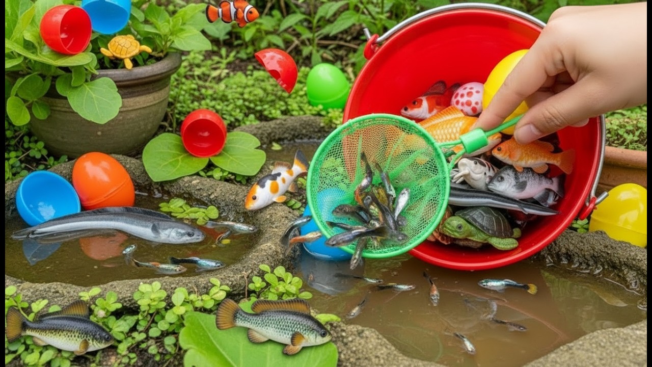Catch beautiful aquarium fish in small pond baby turtles, eel, frog, pencil fish, nemo fish, catfish