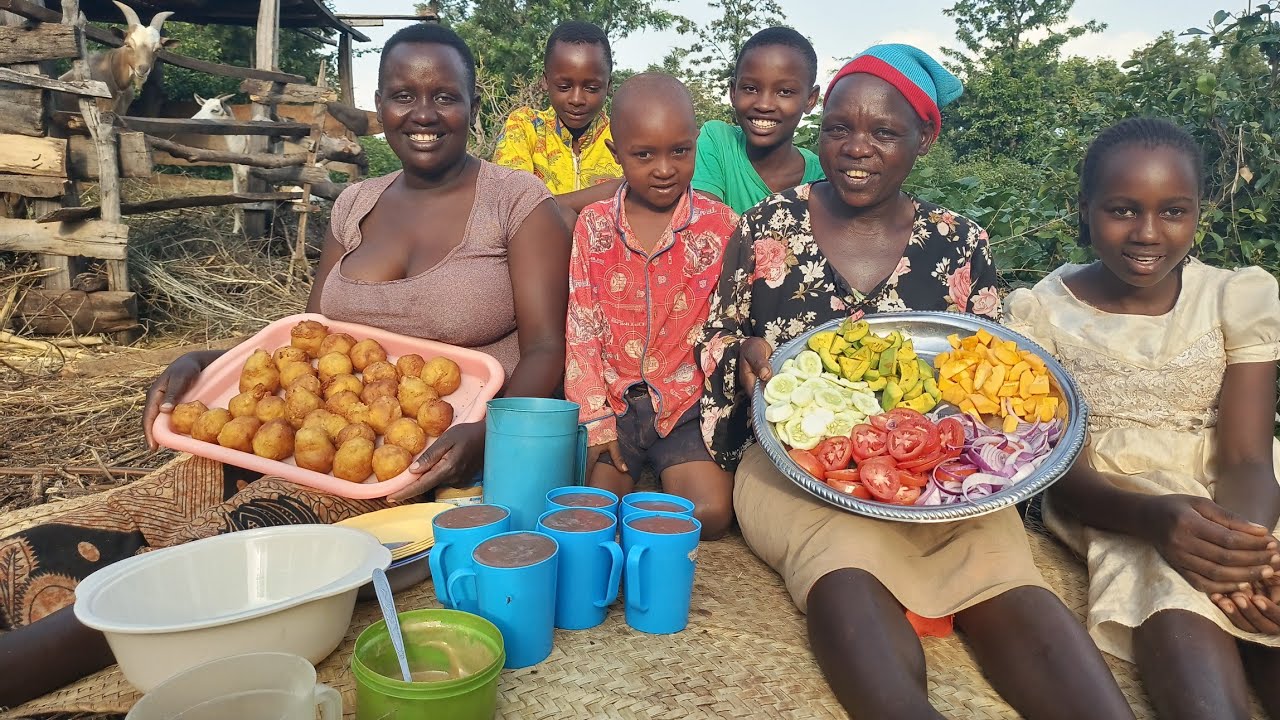 African Village life and Cooking, potato crispy balls+peanut sauce,salad and porridge, evening snack