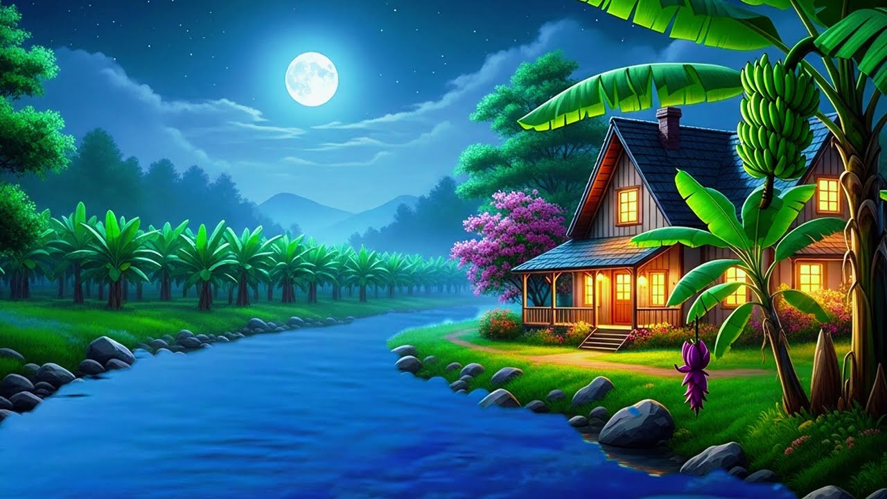 Peaceful Moonlight Night — Relaxing Music with River, Banana Trees & Countryside House