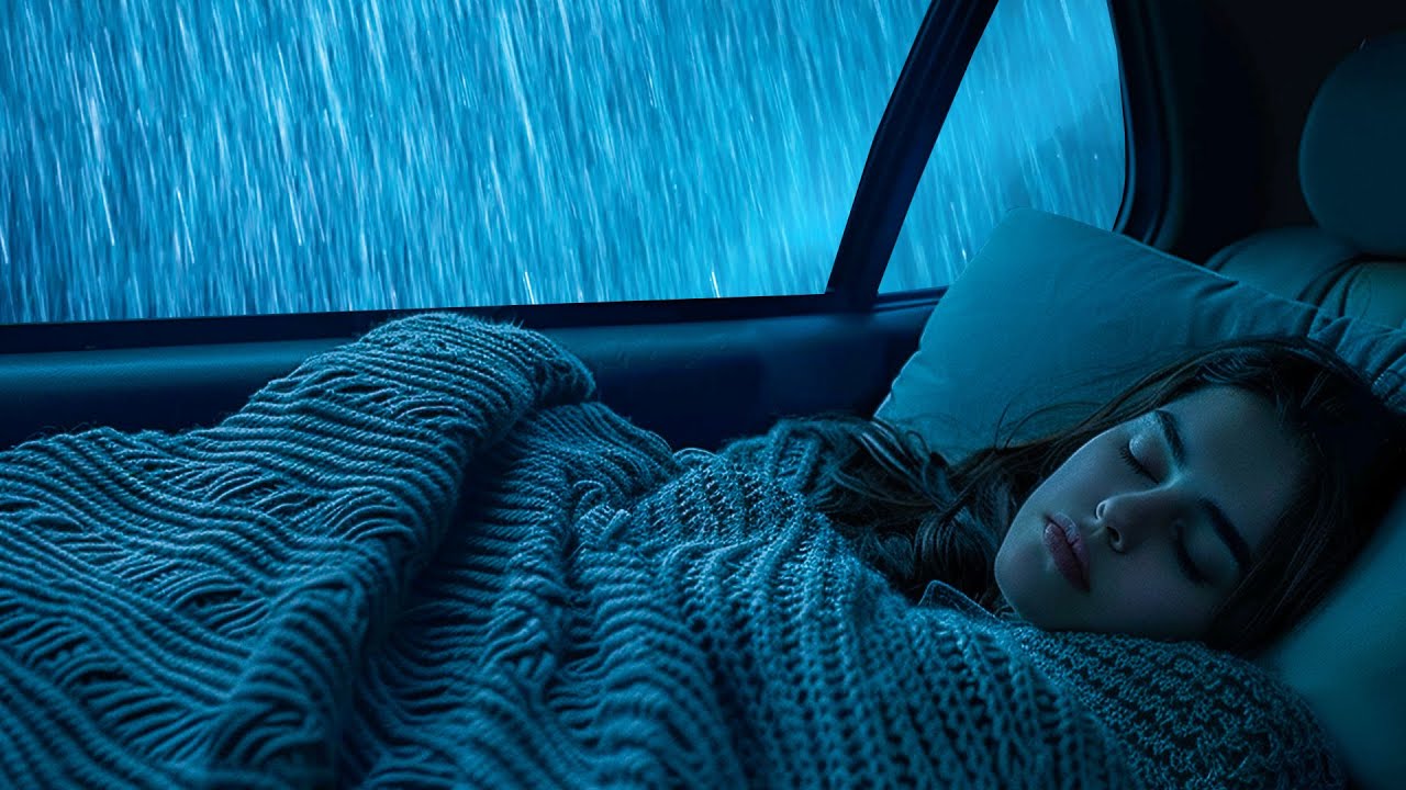 Goodbye Anxiety to Fall Asleep Instantly with Pouring Rain & Thunder on a Cozy Car at Night