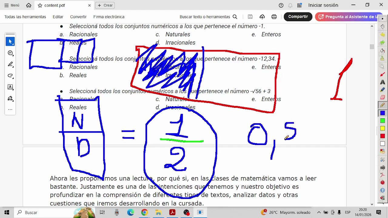 Clase de matemáticas con el cuadernillo 2026, números  naturales, enteros, racionales, irracionales.