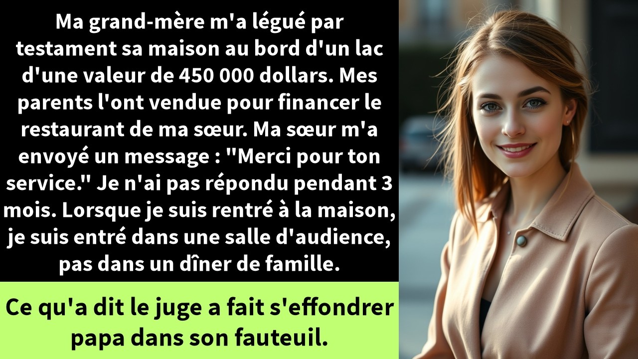 Ma grand-mère m'a légué par testament sa maison au bord d'un lac d'une valeur de 450 000 dollars.