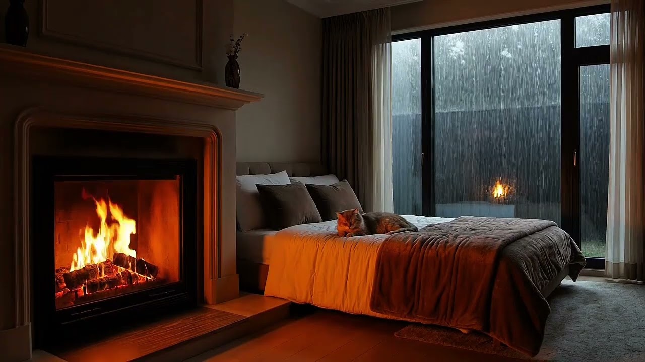 rainy night at home 🌧 cozy fireplace & sleeping cat ambience | fire crackling sounds for sleep study