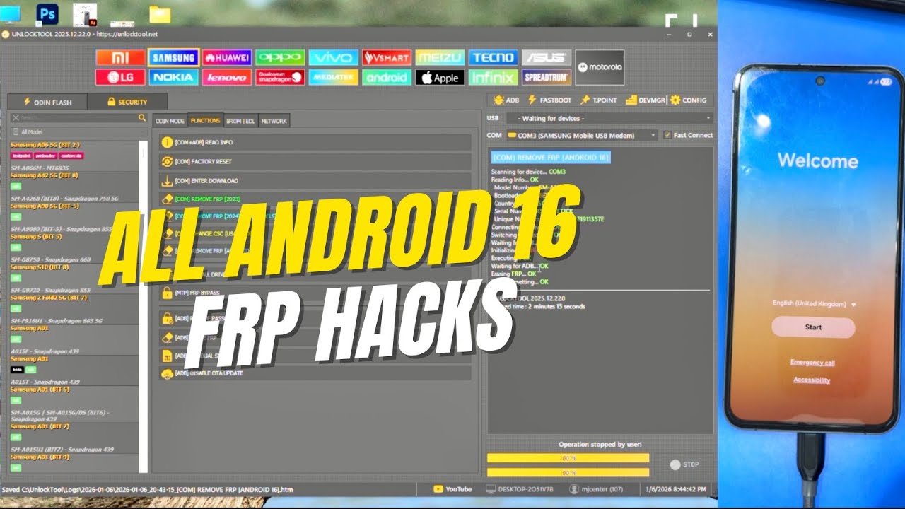 All Samsung Android 16 FRP Bypass Unlocktool, A15,A16,A17,A55,A56,A35,A36