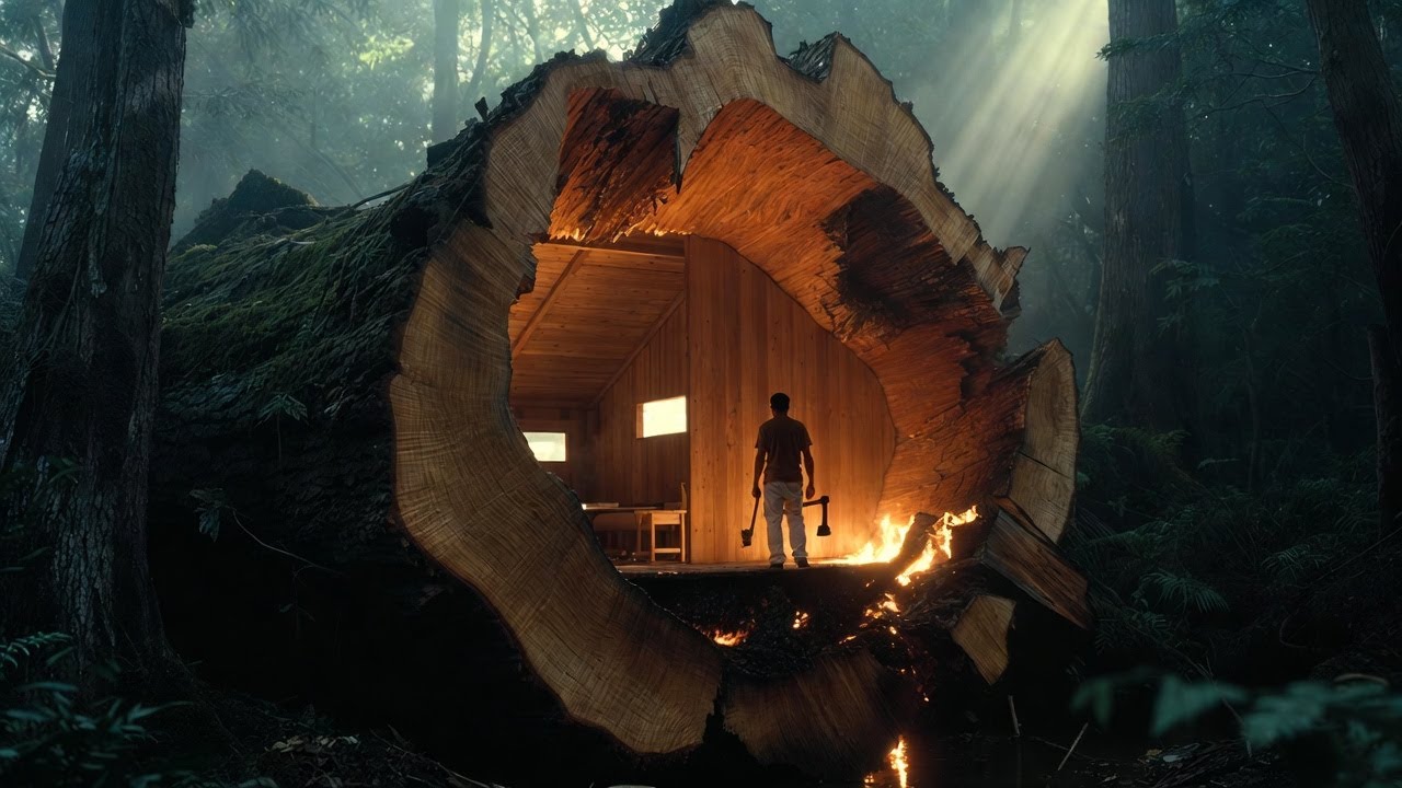 I Built a Secret Modern Shelter Inside a Massive Tree Log | Silent Forest Survival