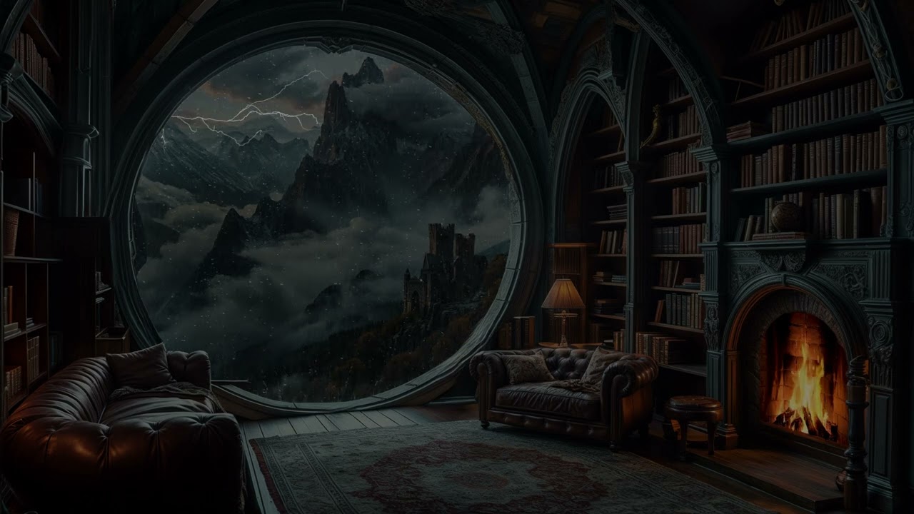 Stormy Night at a Castle: Rain, Thunder, Fireplace & Mountain Views for Deep Sleep