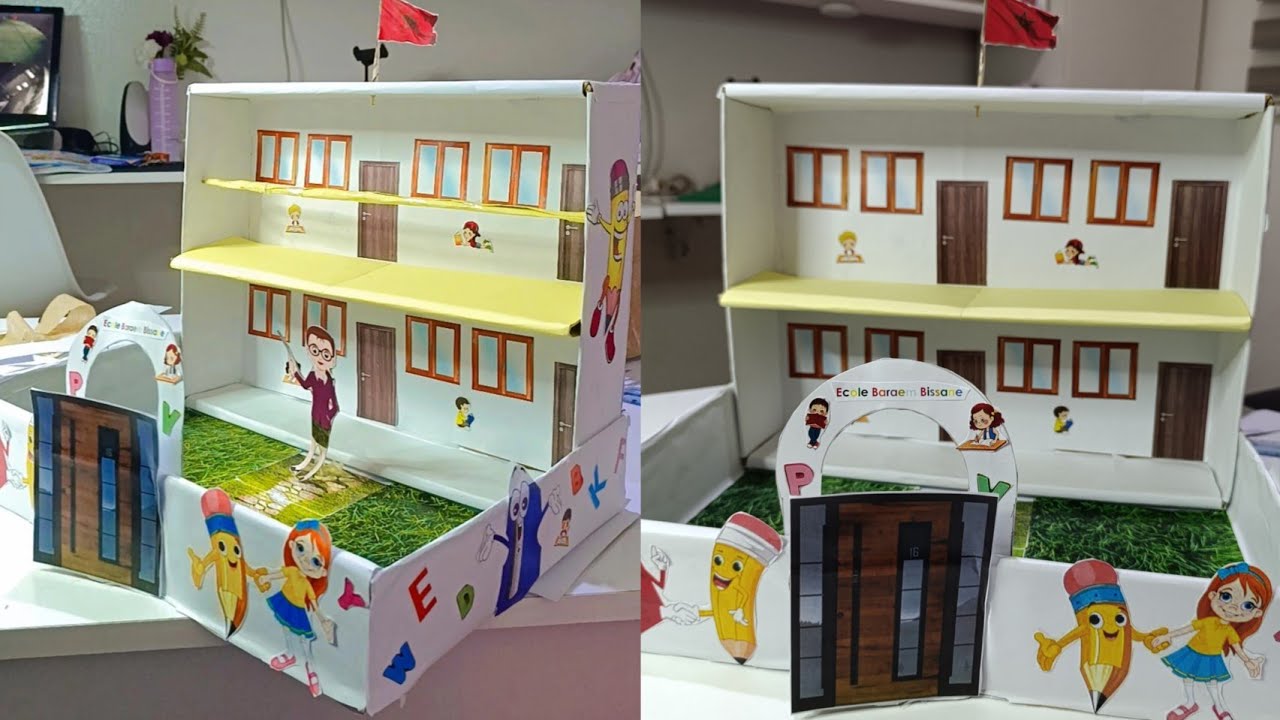 تصميم مدرسة  🏫#projet scolaire//مشروع صنع مجسم  مدرسة خاصة بالكرتون// المستوى الاول ابتدائي👌