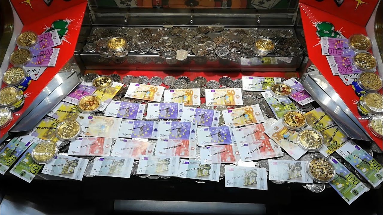 Machine POUSSE PIÈCES avec BILLETS et BITCOINS 🎁 Cascade Foraine 🎁 Coin Pusher 🎁