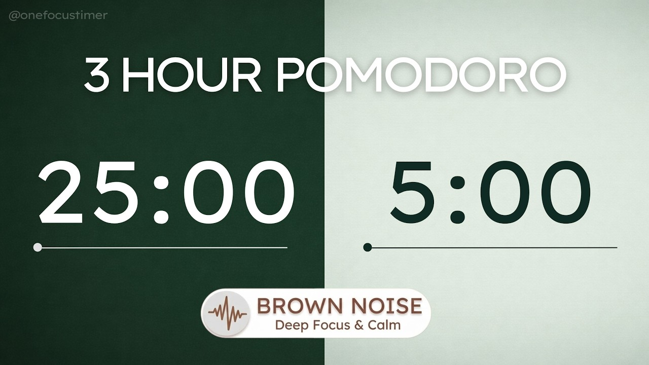 3 Hour Pomodoro Timer 25/5 – Brown Noise | ADHD Deep Focus | Deep Forest Calm