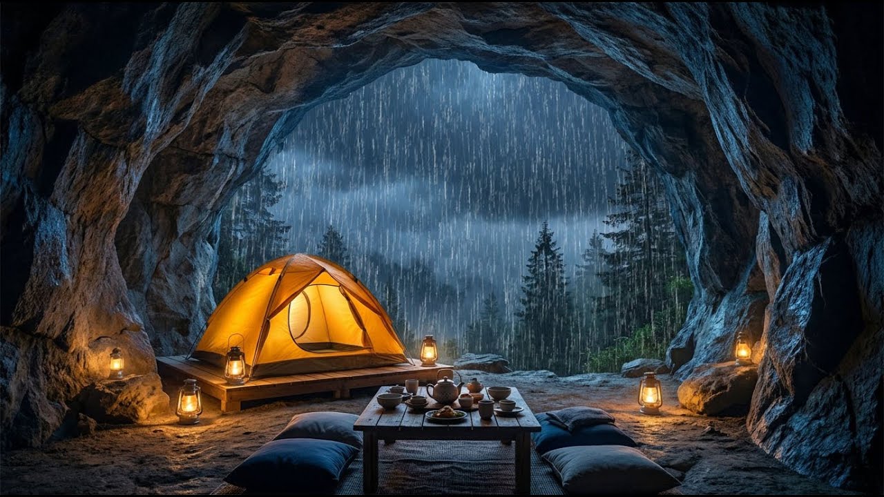 🔴 LIVE Sleeping in a Forest Cave 🌧️ Heavy Rain Sounds for Deep Sleep & Relaxation