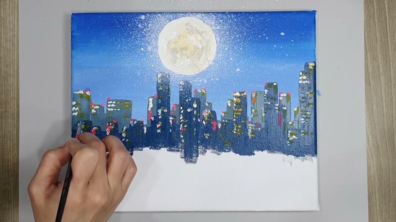 Easy acrylic painting_imitated YouTuber joony art (full moon city view)