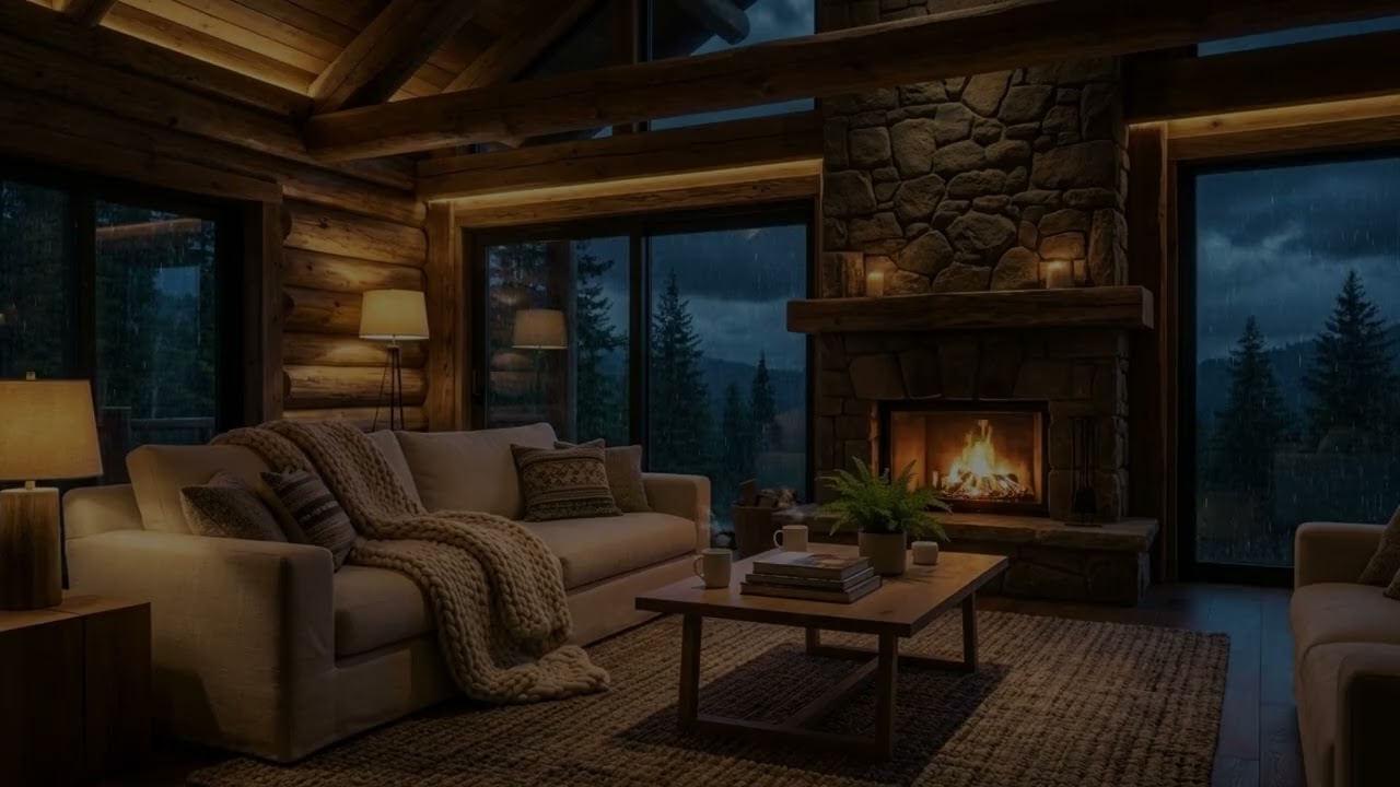 Heavy Rain Outside & Warm Fireplace Inside | Cozy Cabin ASMR