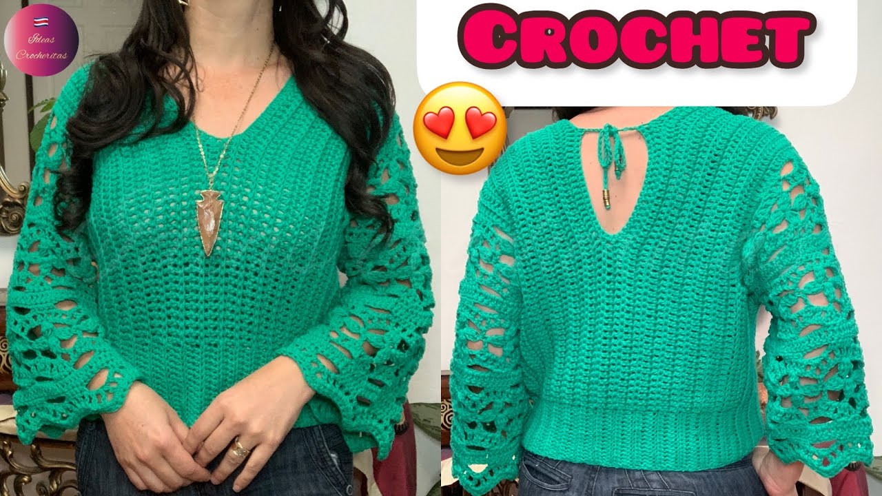 BLUSA o suéter cuello V tejido a crochet 🌷adaptado a todas las tallas 👍