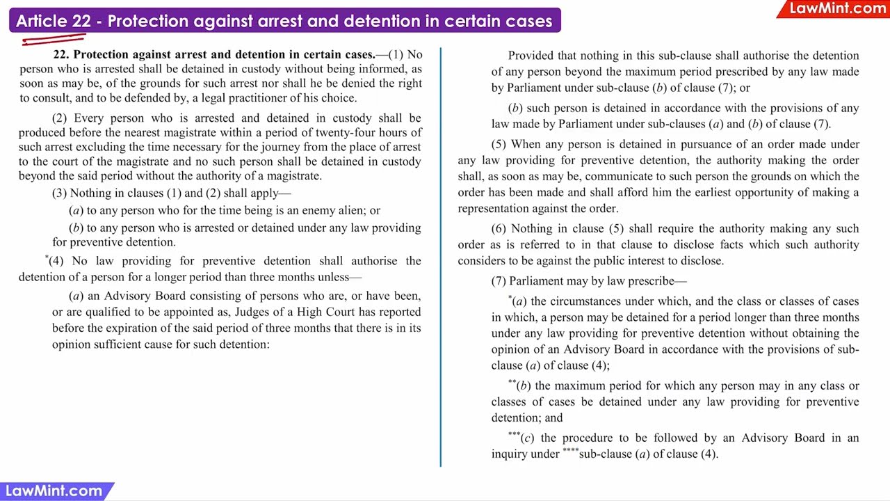 Article 22 Protection against arrest & detention in certain cases Constitutional Law LLB
