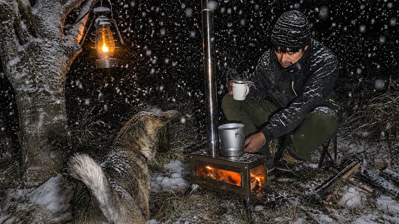 Winter Camping Magic: Snow, My Kai Dog, Lantern Light, and Fireside Coffee