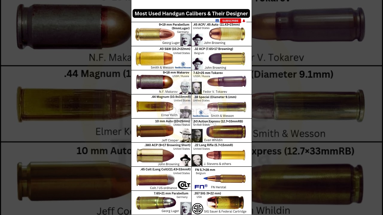Most Used Handgun Calibers and Their Designer #shorts