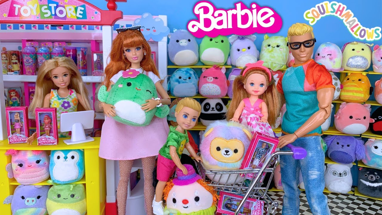 Barbie & Ken Doll Family Squishmallow and Doll Shopping at the Toy Store