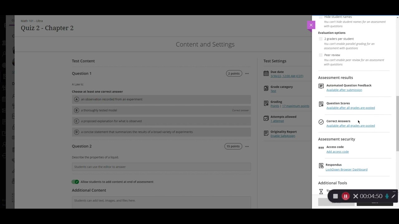Blackboard Ultra Test: Test Settings