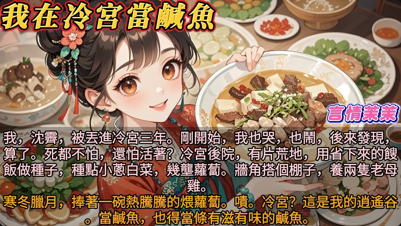 《我在冷宮當鹹魚》我，沈霽，在冷宮三年。剛開始我也哭鬧。後來一想，算了。冷宮有塊荒地，用餿飯當種子，種點小蔥白菜白蘿蔔。牆角搭棚子養兩隻母雞。寒冬臘月，捧著一碗熱騰騰的煨蘿蔔。嘖，冷宮？這是我的逍遙谷