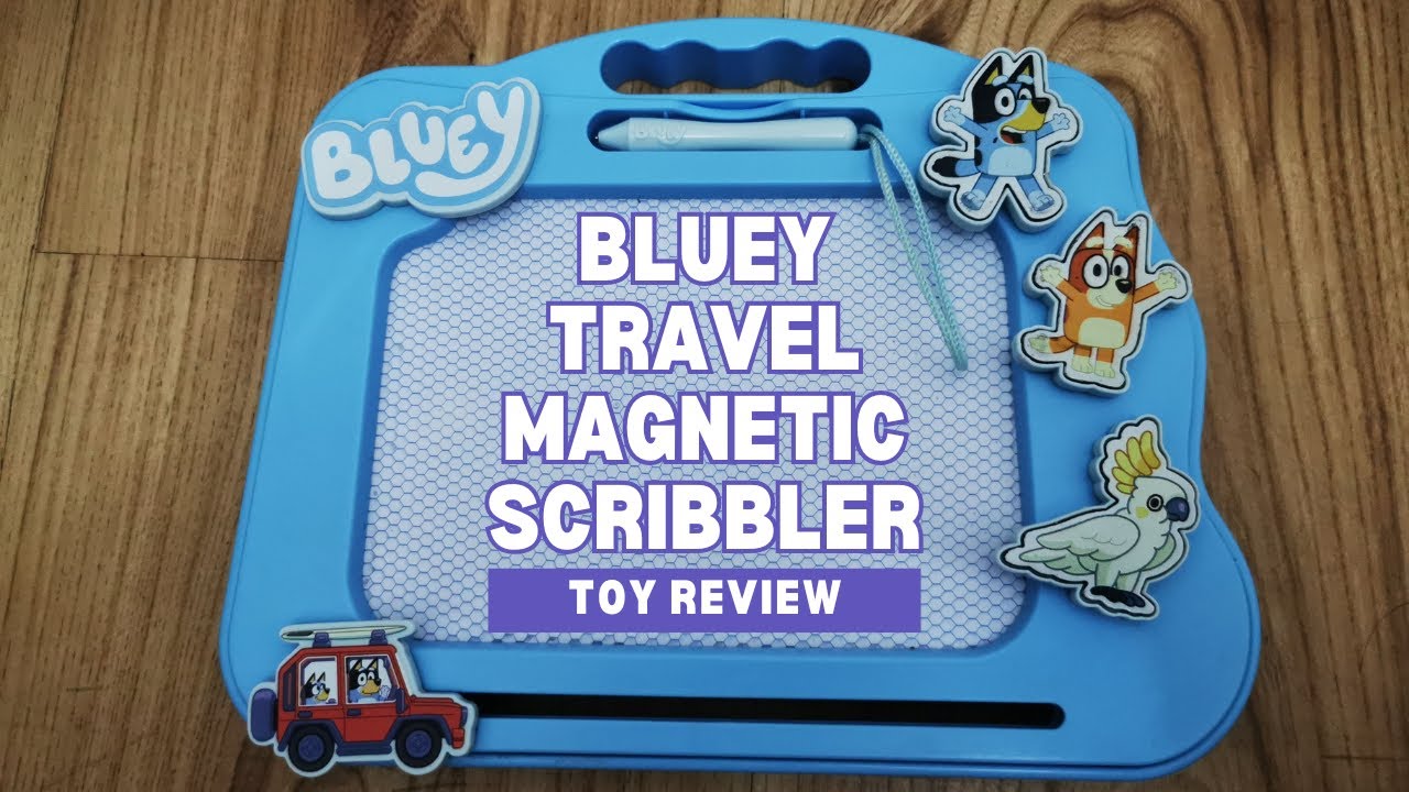Kid Toy review, Bluey travel writing pad review with Bluey, Bingo and Parrot.