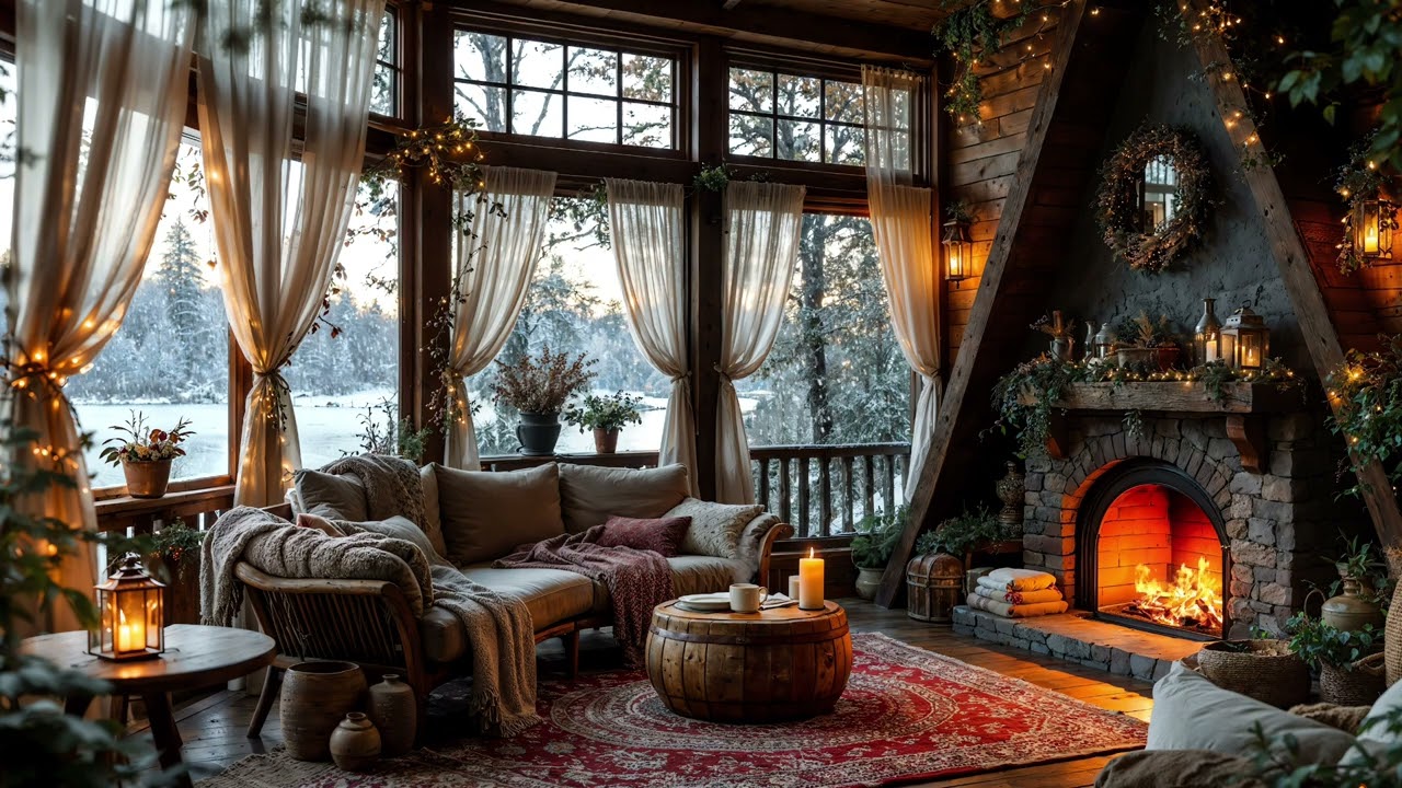 Relaxing and Reading by the Fireplace 📖🔥 Cozy Crackling Fire Ambience with Snowy Forest View