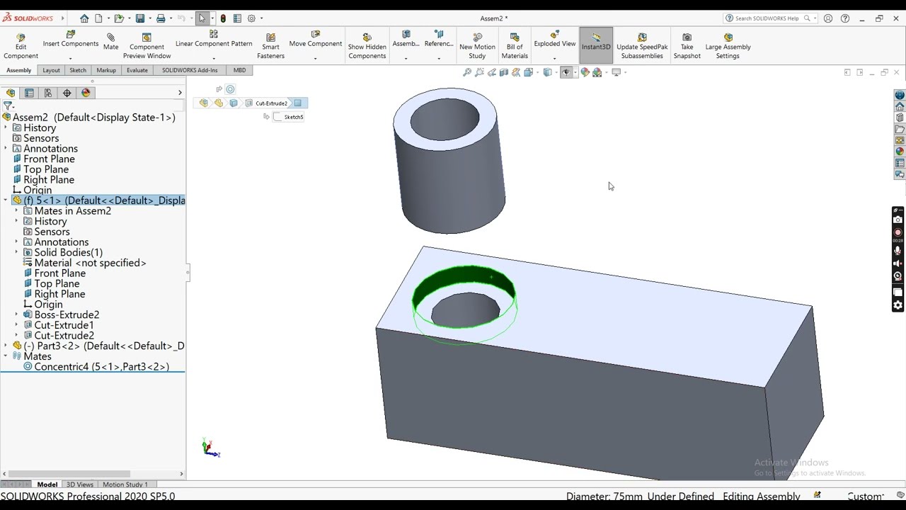 How to link dimension of part with other part dimension in assembly - solidworks.#solidworks