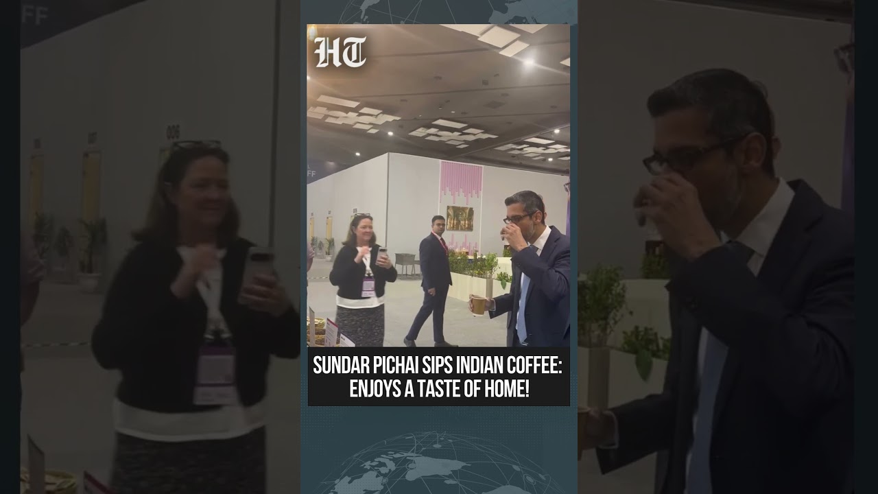 Генеральный директор Google Сундар Пичаи наслаждается индийским кофе на саммите AI Impact Summit ...