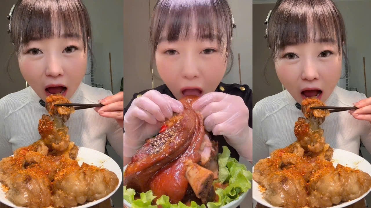 Eating Braised Pork Knuckles with Red Sauce and Lamb Kidneys Wrapped in Oil