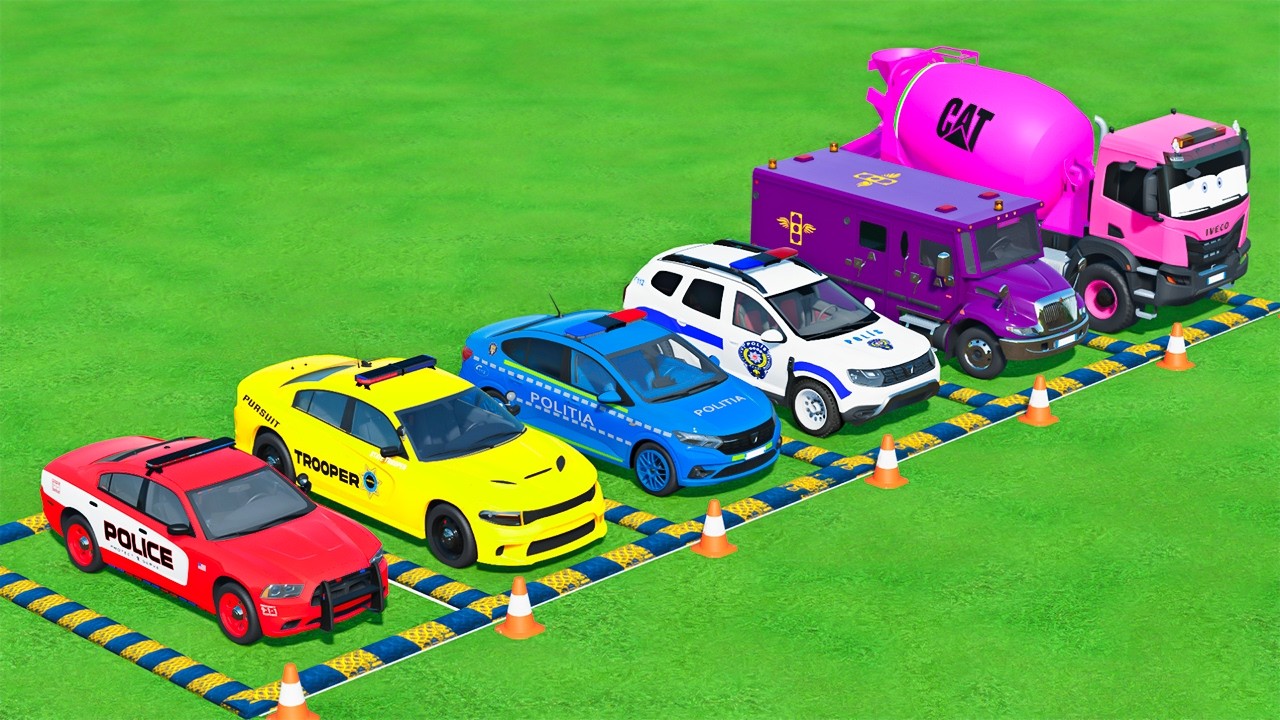 Double Flatbed Trailer Truck vs speedbumps |Police car vs speedbumps | Beamng Drive | #167