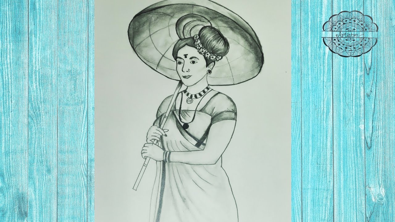 How to draw an Indian Beauty in Kerala Traditional Dress for Beginners - Happy Onam festive drawing
