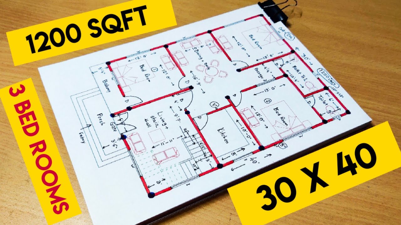 30 x 40 house plan design II 1200 sqft ghar ka naksha II 3 bhk house plan II 30 x 40 home plan