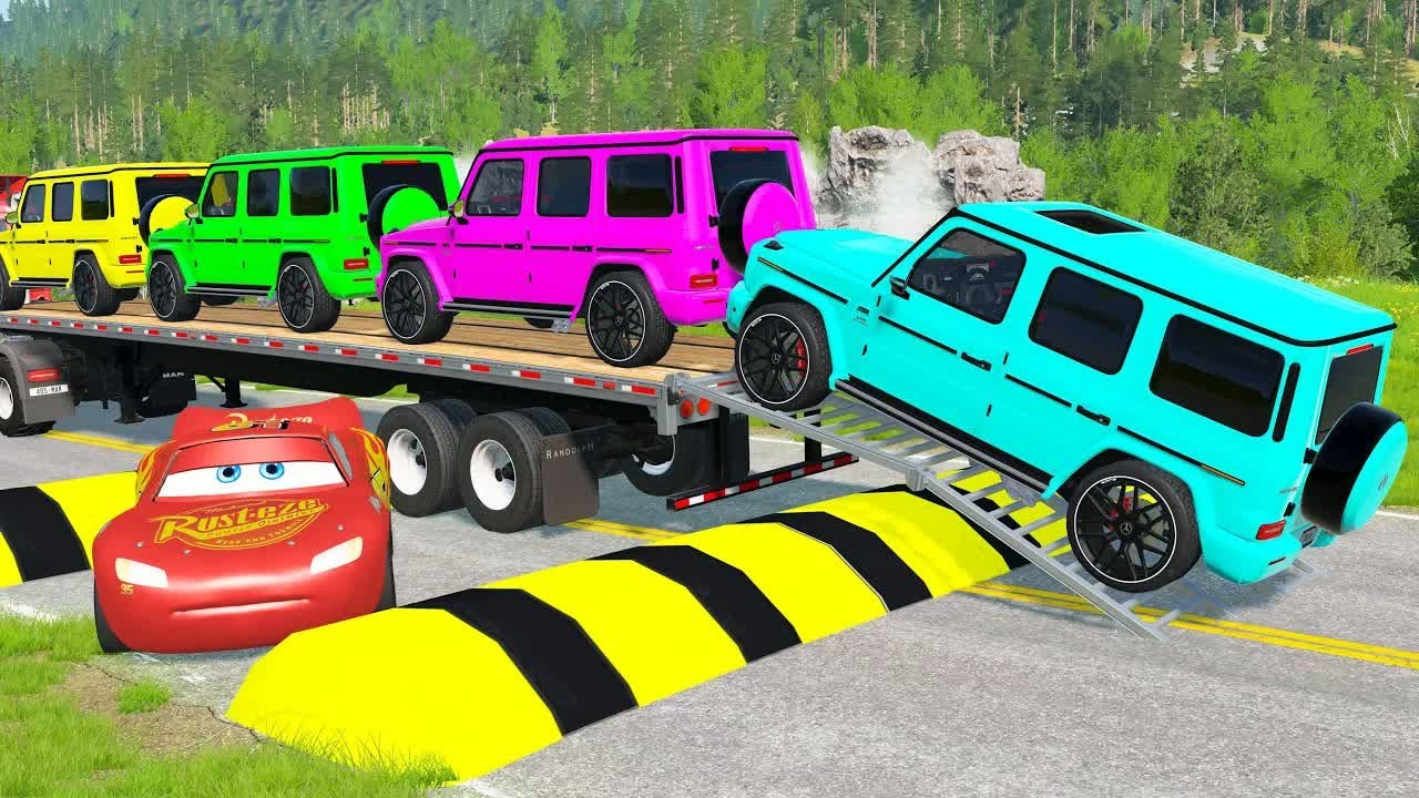 Flatbed Truck McQueen | Transportation with Truck - Pothole vs Car - BeamNG.Drive #3