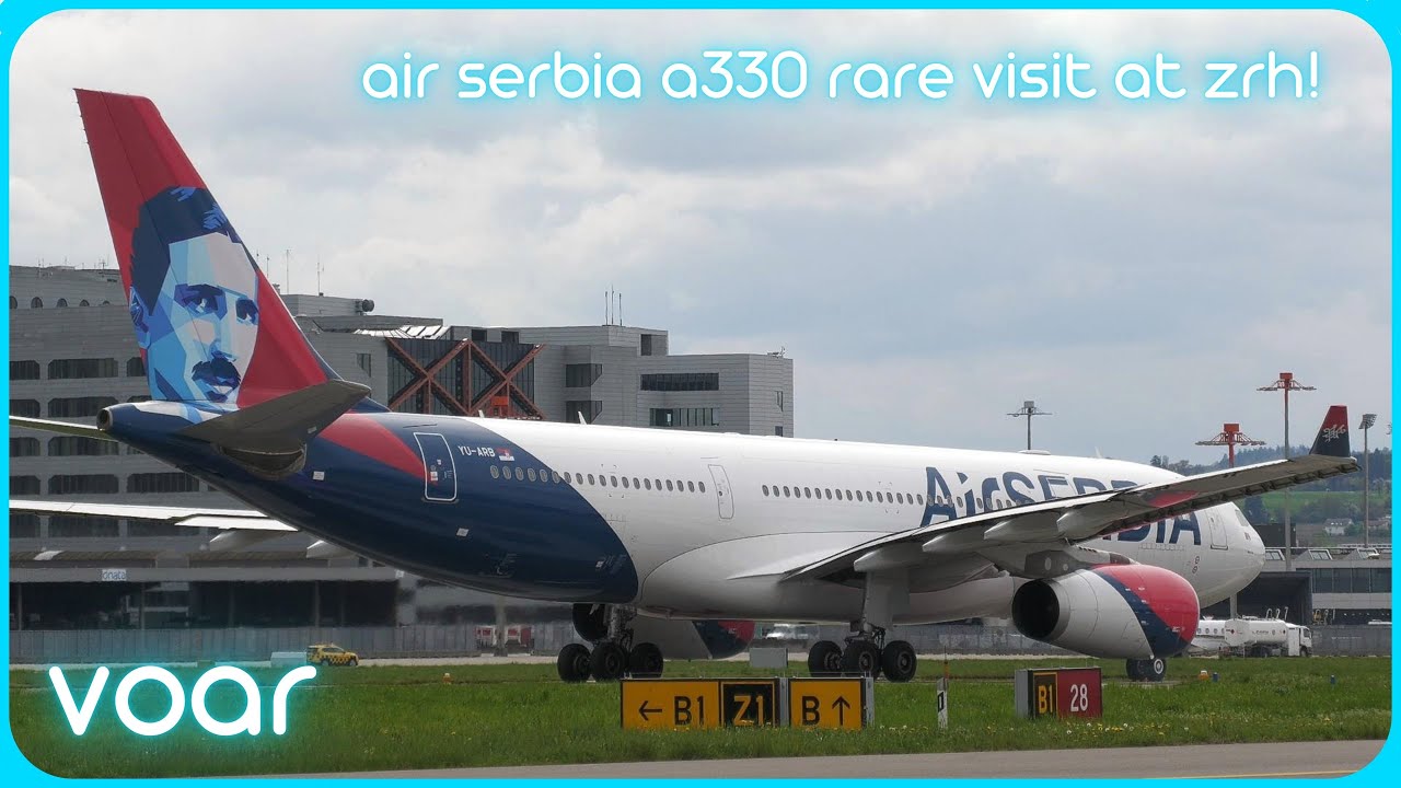 AirSERBIA Airbus A330 [YU-ARB] takeoff at Zurich Airport - Nikola Tesla livery!