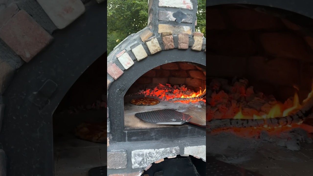 Making Pizza on Wood Fired Brick Oven 🪵🔥 #pizza #cooking #outdoors #woodfiredpizza #oven