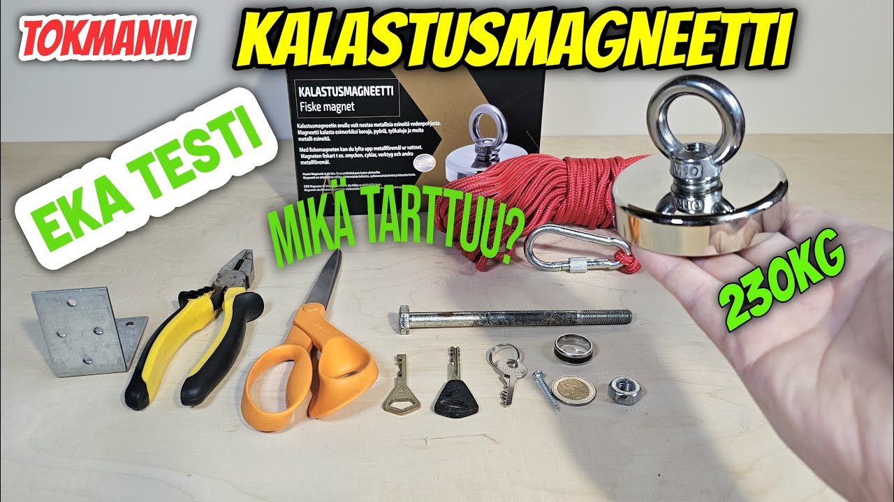 TOKMANNI 230kg Kalastusmagneetti ja 20m köysi MIKÄ TARTTUU MAGNEETTIIN? EKA TESTI MAGNEETTIKALASTUS