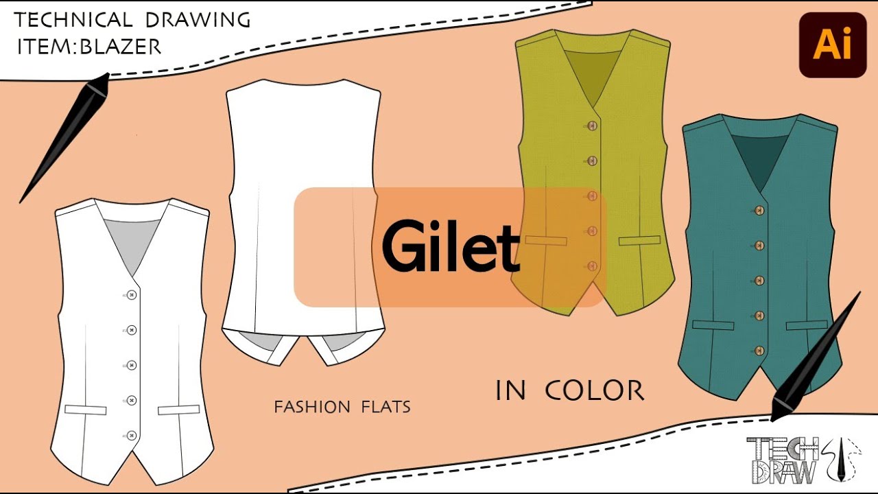 Fashion technical drawing gilet on illustrator [ TECHDRAW ]