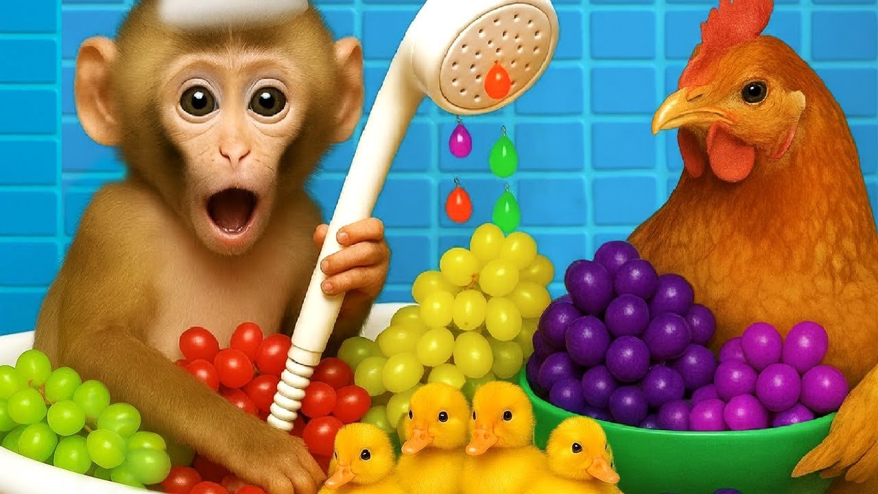 El lindo mono DuDu está cosechando uvas en la granja y bañándose en el lago con su amigo el pato