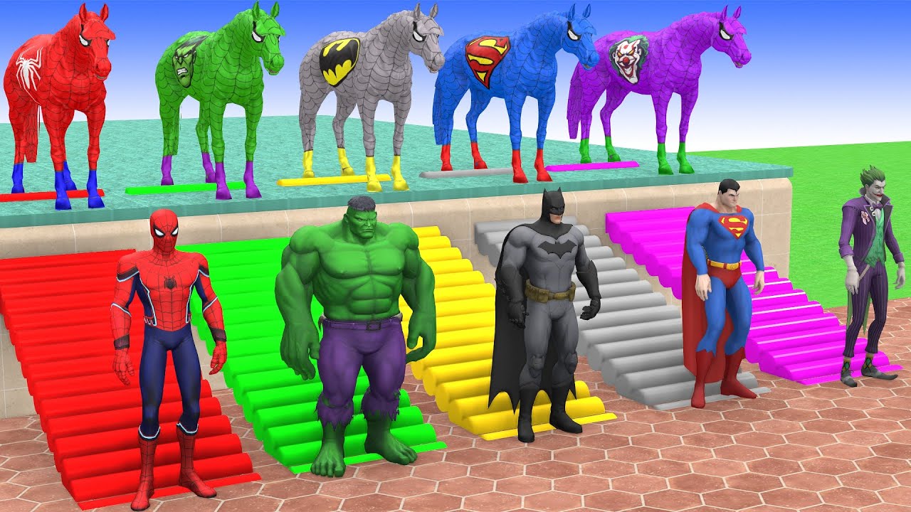 RED HORSE SPIDERMAN CROSSING FOUNTAIN ON RAINBOW SPIDERS BRIDGE AGAINST SHARKS RESCUE ANIMALS GAME