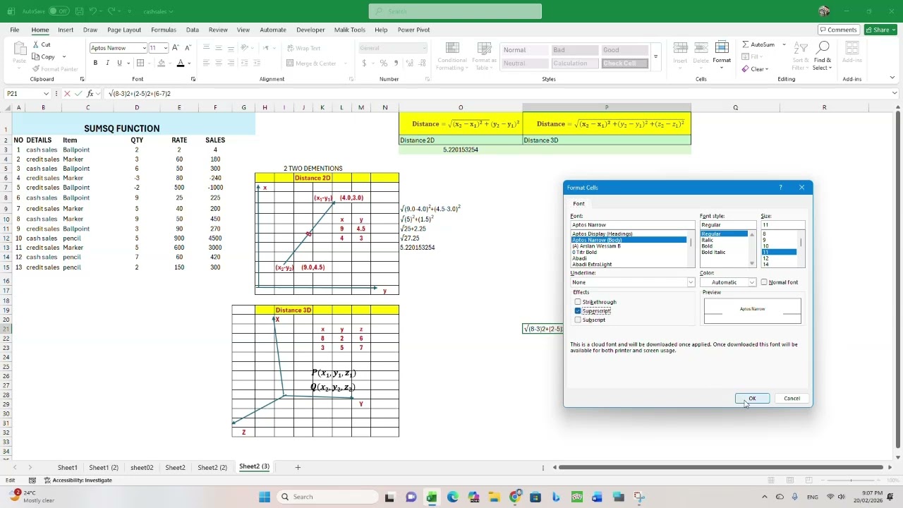 Distance 2D & Distance 3D in Excel