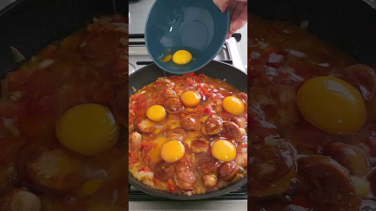 Quick & Tasty: Scrambled Eggs with Tomatoes and Sausages! 🍳🍅 #easybreakfast