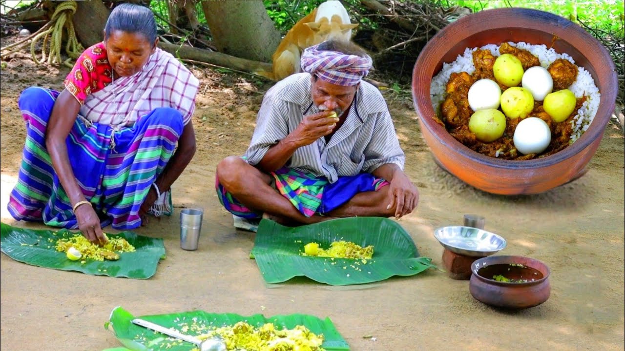 CHICKEN BIRIYANI cooking in tribal style by santali tribe grandma and eating with her husband