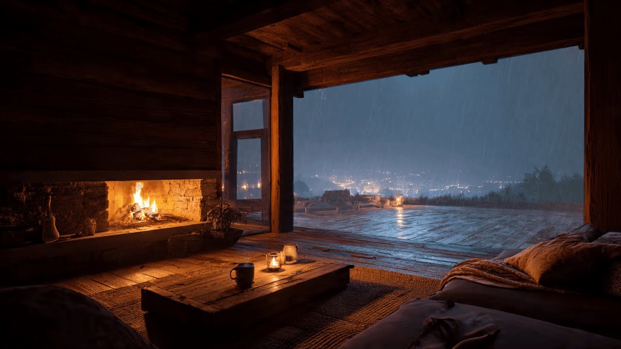 Heavy Rain & Distant Thunder for Sleeping ⛈️ | Cozy Cabin Fireplace Ambience